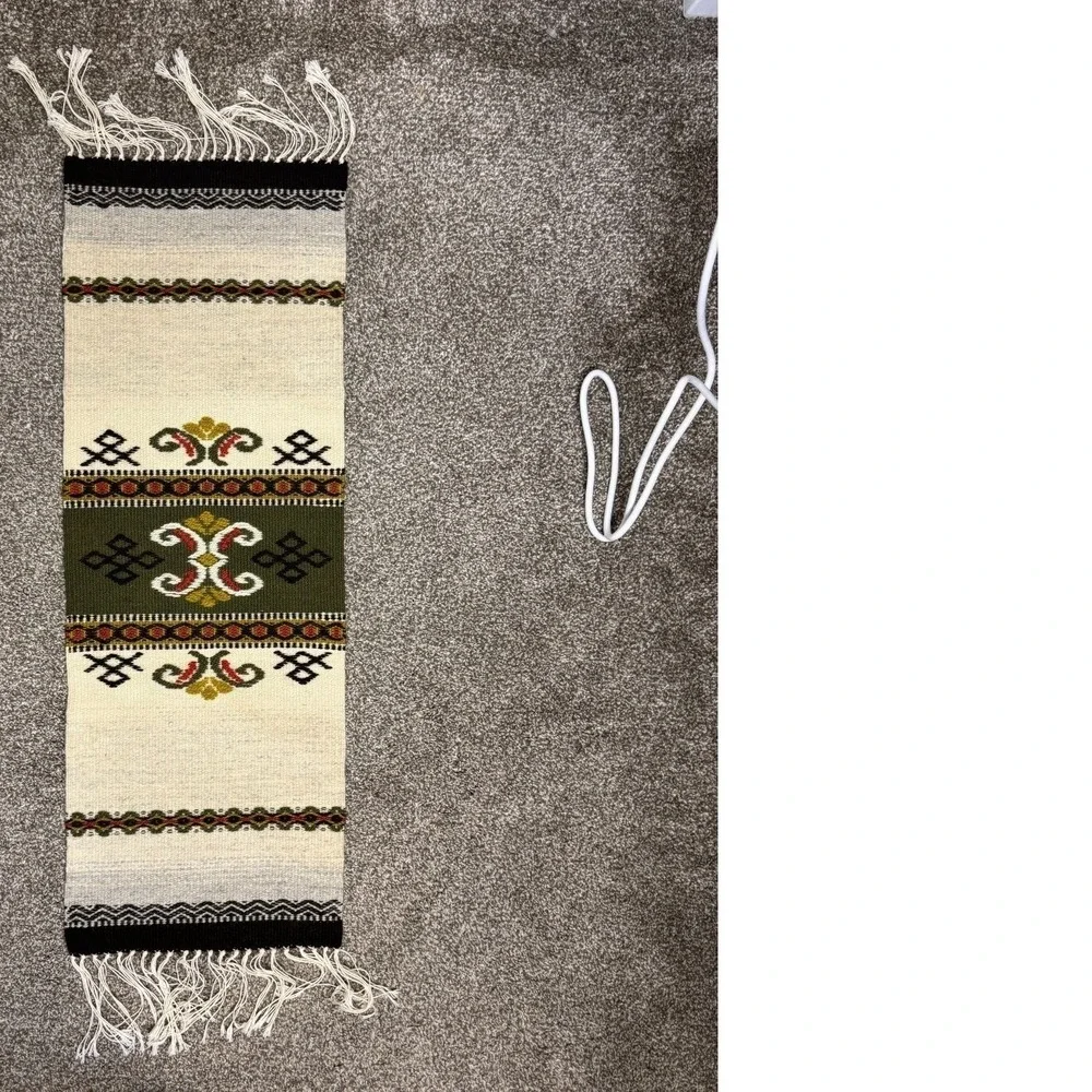 Audhild Vikens Vevstove Norwegian Woven Wool Table Runner Handmade Olive Cream